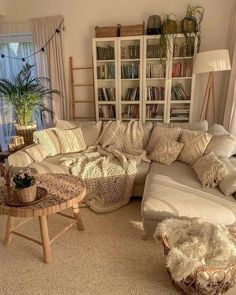 a living room filled with furniture and bookshelves