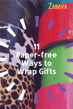 two rolls of wrapping paper sitting next to each other on top of a table with the title 11 paper - free ways to wrap gifts