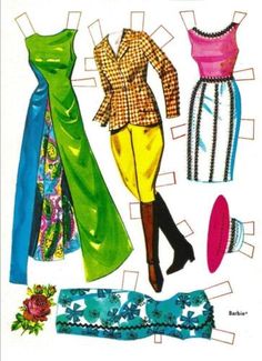 an image of paper dolls with clothes and accessories on it's back side, from the 1960s