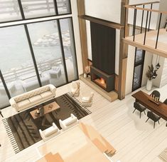 an artist's rendering of a living room with large windows and a fire place