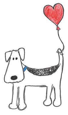 a drawing of a dog with a heart balloon attached to it's collar,