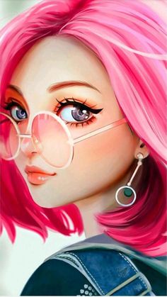 a woman with pink hair and glasses on her face