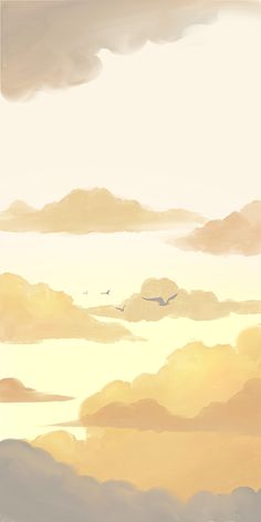 the sky is filled with clouds and birds