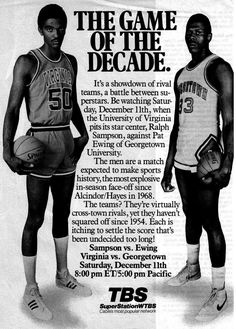 an advertisement for the game of the decade featuring two basketball players, one holding a ball