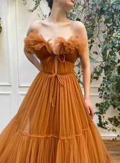 Elegant Orange Gown With Fitted Bodice, Orange Tulle Dress For Party, Orange Maxi Dress For Formal Occasions, Orange Tulle Party Dress, Orange Maxi Dress For Wedding, Orange Maxi Length Wedding Dress, Orange Maxi Length Dress For Wedding, Orange Long Dress For Evening, Orange Evening Maxi Dress