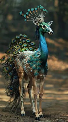 a peacock standing on top of a dirt field