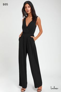 Your night out just got better with the Lulus Kiska Black Lace Wide-Leg Jumpsuit! Lightweight woven poly falls from tank straps, into a plunging surplice bodice. High, banded waist sits above relaxed, wide-leg pants with diagonal front pockets. Adorable sheer, eyelash lace insets decorate the back to complete this party-perfect look! Hidden side zipper/clasp. Fit: This garment fits true to size. Length: Floor length. Size medium measures 58.5" from shoulder to hem. Inseam: 31.00 Front Rise: 12.5 Women Jumpsuit, Lace Inset, Black Laces, Wide Leg Jumpsuit, Jumpsuits For Women, Side Zipper, Leg Pants, Black Lace, Floor Length