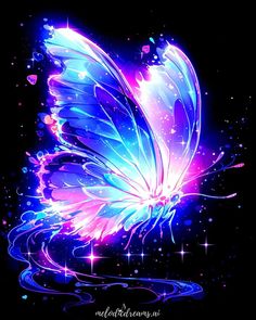 a colorful butterfly flying through the air with sparkles on it's wings and tail