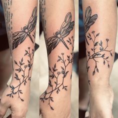 two tattoos with dragonflies and flowers on their arms, both showing the same tattoo design