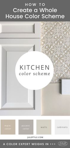 the kitchen color scheme is shown with white cabinets and gray walls, along with an image of