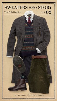 A chunky-knit sweater with a classic Fair Isle motif adds the function of layering between seasons, and plays up the textures of a tweed Polo coat with cords. Polo Coat, Academia Outfits