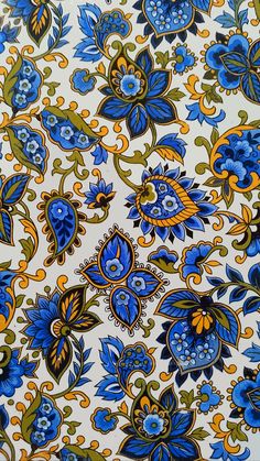 a blue and yellow floral design on a white background