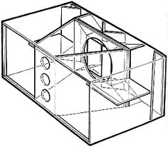 a line drawing of a fish tank with the lid open to show its inside compartments