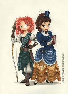 two women dressed in historical clothing, one holding a bow and the other with a book