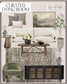 the living room is decorated in neutral tones