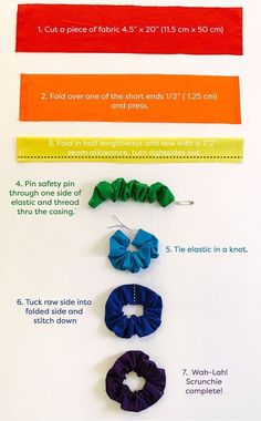 the instructions for how to tie hair ties in different colors and sizes on a white board