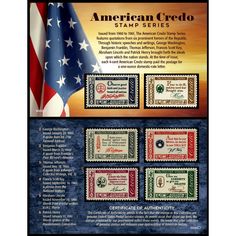 the american credo stamp series features four stamps with an american flag on them