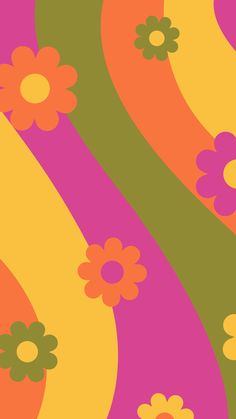 an abstract background with flowers and swirls in pink, green, orange, yellow and red