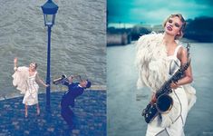 a woman in white dress standing next to a street light and a man playing saxophone