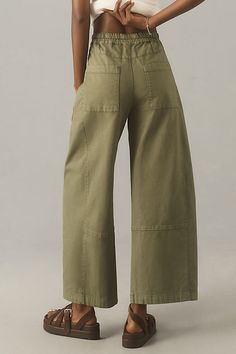 Meet Izzie, our pull-on rendition of the barrel pant trend, complete with a gently tapered leg, lightweight twill, and glowing reviews. | The Izzie Relaxed Pull-On Barrel Pants by Pilcro in Green, Women's, Size: Largearge, Cotton/Elastane at Anthropologie Pull On Jeans For Women, Fun Pants Women, Travel Clothes Women Summer, South Africa Clothes, Pant Inspiration, Minimalistic Clothing, Middle Aged Women Fashion, Barrel Pants, Wardrobe List