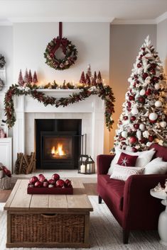 a living room decorated for christmas with red and white decorations on the fireplace mantel