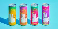 three cans of tea soda on a blue background