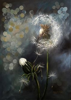 a painting of a dandelion with blurry lights in the background