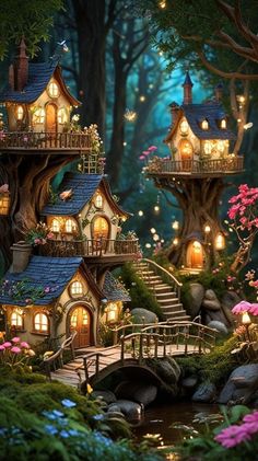 there are many small houses in the woods with lights on them and trees around it