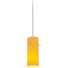 a yellow light hanging from a ceiling fixture with a white cord and an orange glass shade