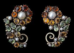 Dorrie Nossiter (1893-1977) British Arts and Crafts earrings. Silver, gold, citrine, tourmaline & pearl H  3.90 cm (1.54 in)  |  W  2.50 cm (0.98 in) c. 1930 Sculptural Bracelet, Sculptural Ring, Art Nouveau Ring, Fairy Pendant, Opal Diamond Ring, Peacock Pendant, Jewelry Drawing, Jewelry Design Inspiration, Art Deco Necklace