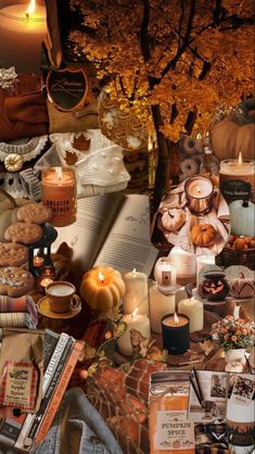 a collage of candles, books and pictures with pumpkins on the table next to it