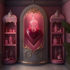 a pink room with shelves filled with bottles and heart shaped vases on top of them