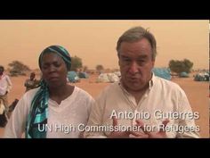 two people standing next to each other in front of tents with the words antonio gutrers un high commission for refugees