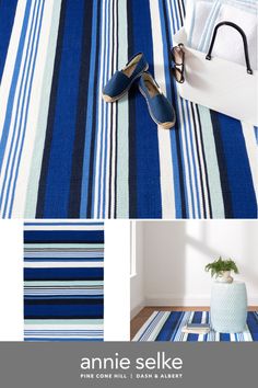 a blue and white striped rug with shoes on it