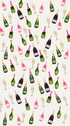 many bottles and glasses of champagne on a white background with pink trimmings in the bottom right corner