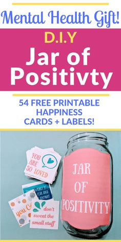 Make your own Jar of Positivity, Box of Happiness, or Happiness Box! 54 FREE happy cards, affirmations, positive messages, and affirmations. Give the gift of positivity and happiness that lasts all year! Makes a great mental health gift and perfect for so Jar Of Positivity, Box Of Happiness, Mental Health Activities, Health Gifts, Health Affirmations, Health Activities, Happy Cards, Mental Health Resources