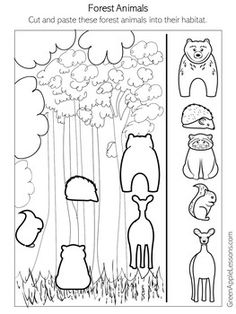 an animal themed bookmark with the words, forest animals and trees in black and white