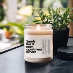 a candle sitting on top of a table next to a potted plant