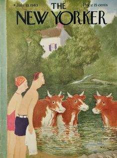 the new yorker magazine cover shows two boys and cows in water, with one boy looking at another man