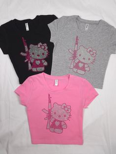 High quality Korean rhinestones. Very Blingy! It runs small but matetial is very stretchy. Feel free to send a message if you have any questions! Bedazzled Class Shirt, Rhinestone Shirt Outfits, Graphic Crop Tops, Y2k Rhinestone Top, Rhinestone Shirt, Diy Rhinestone Shirt, 2000s Pink, Hello Kitty T Shirt, Rhinestone Outfit