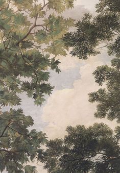 a painting of trees with clouds in the background