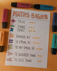 some crayons are next to a sign that says maths signs plus minus times divided by it's equal to 1 is not equal to 15 less than