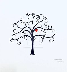 a black tree with a red heart sitting on it's trunk in front of a white wall