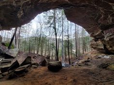 a cave entrance in the middle of a forest with rocks and trees on both sides