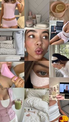 a collage of photos with various women doing different things on their face and body