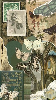 a collage of butterflies, flowers and books