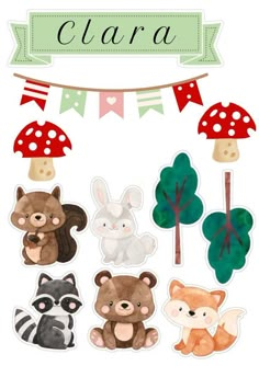 a bunch of stickers with animals and mushrooms on them in front of a banner