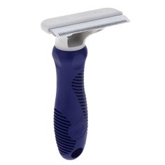 a blue and white hair clipper with a comb on it's side, in front of a white background