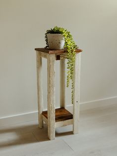 a potted plant sitting on top of a wooden table next to a white wall