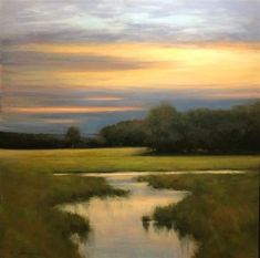 an oil painting of a grassy field with water and trees in the background at sunset